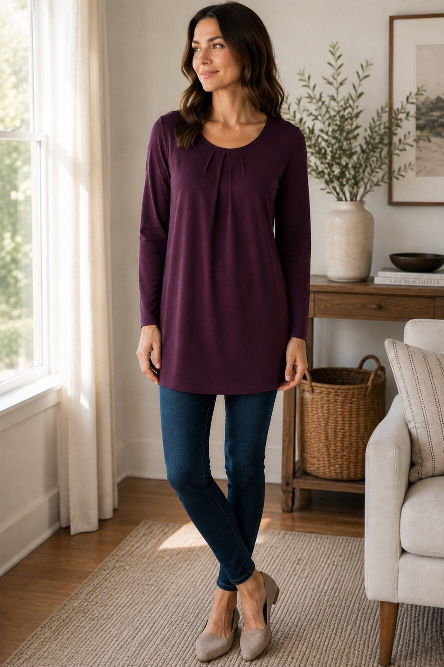 Susana Monaco Burgundy Pleated Tunic Top 3/4 Sleeve Stretch Size XS extra small
